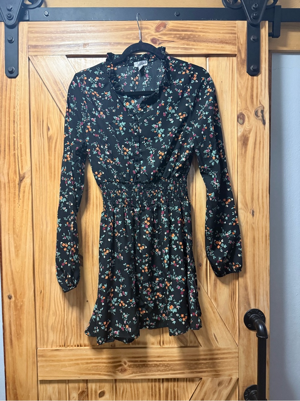 Justify Black Floral Long Sleeve Smocked-Waist Dress
